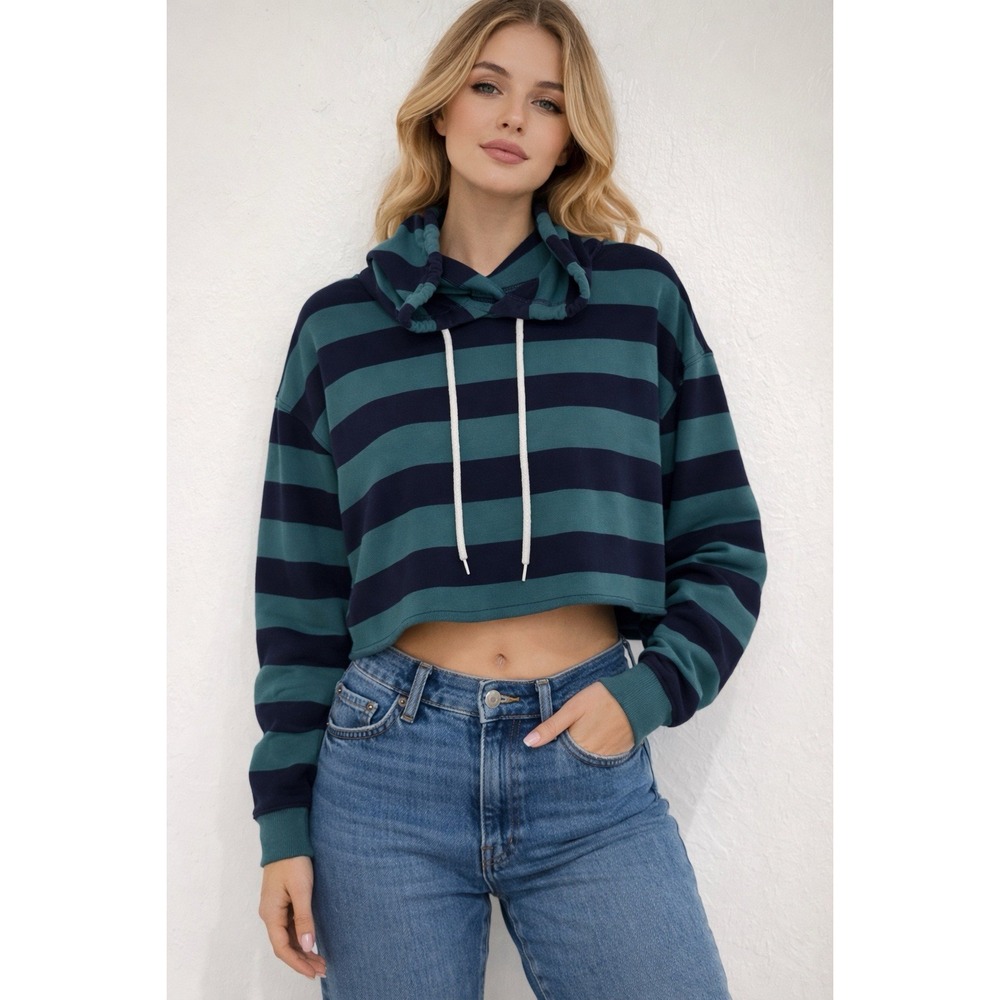 Arizona cropped striped hoodie green navy blue drawstring women L